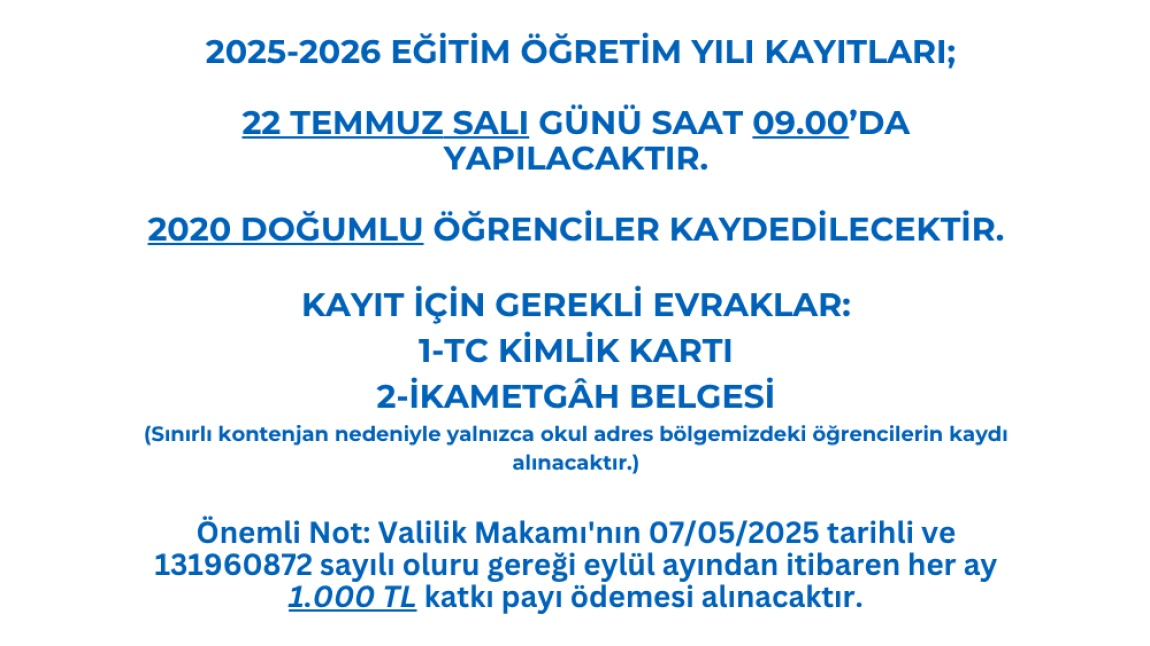 ANASINIFI KAYIT DUYURUSU